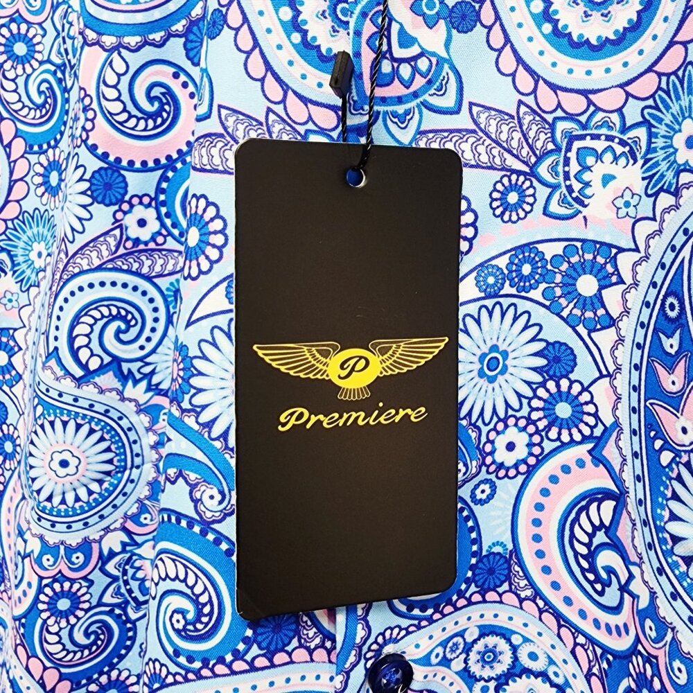 Mens Blue Paisley Short-Sleeve Button-Up Dress Shirt By Premiere Size M - Picture 5 of 8